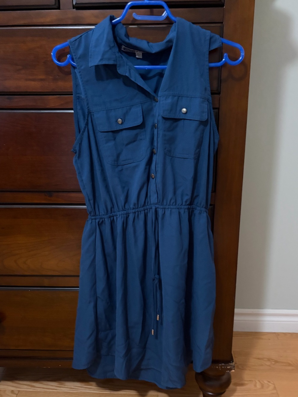 Sleeveless Navy Blue Shirt Dress with Drawstring Waist